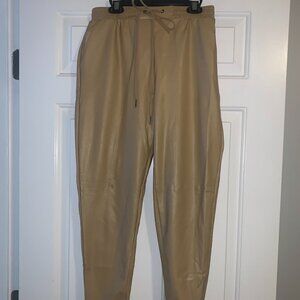 21 SAINTS, TAN FAUX LEATHER JOGGERS, SIZE XS, DRAW STRING WAIST